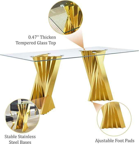 94" Modern Glass Gold Dining Table for 8-10, Luxury Kitchen Table with Tempered Glass Top & Mirror Finish Stainless Steel Base, Large Dinner Pedestal Tables for Home Banquet Hall Room, Only Table