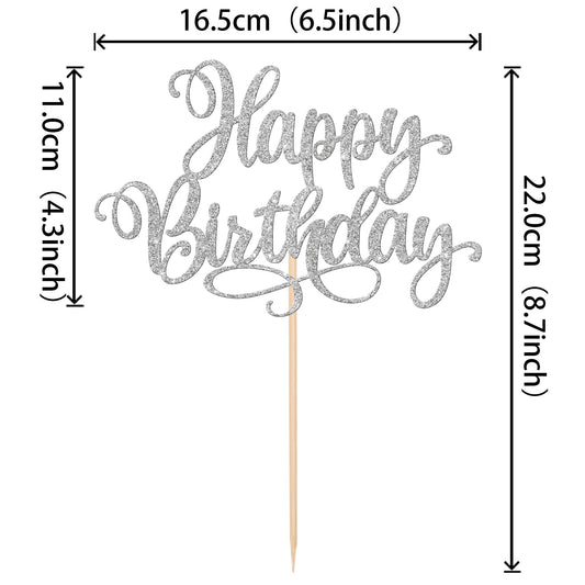 1 PCS Happy Birthday Cake Topper Glitter Happy Birthday Cake Pick for Celebrating Happy Birthday Anniversary Party Cake Decorations Supplies Silver