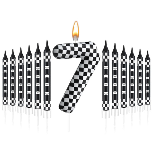 13 Pcs Racing Cars Themed Birthday Candles Black and White Race Number 7 Checkered Candle Cake Topper for Racing Car Party Decoration Supplies (13 Count)