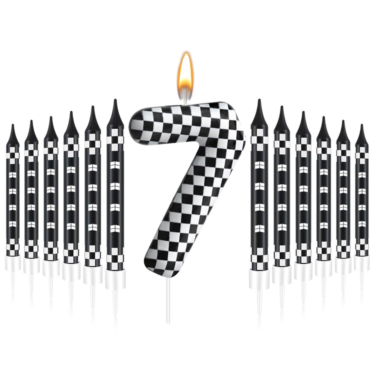 13 Pcs Racing Cars Themed Birthday Candles Black and White Race Number 7 Checkered Candle Cake Topper for Racing Car Party Decoration Supplies (13 Count)