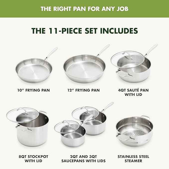 GreenPan Stainless Steel Cookware Set, 11 Piece, Induction Cookware, Dishwasher Safe, Oven Safe to 600F, Large 8QT Stock Pot, Sauce, Saute, Frying Pans, Pots & Pans Kitchen Essentials, Silver