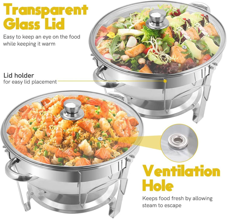 Chafing Dish Buffet Set 4 Packs, 5 QT Stainless Steel Round Chafing Dishes with Glass Lid & Lid Holder, Food Warmer for Parties Buffet Weddings Catering Events
