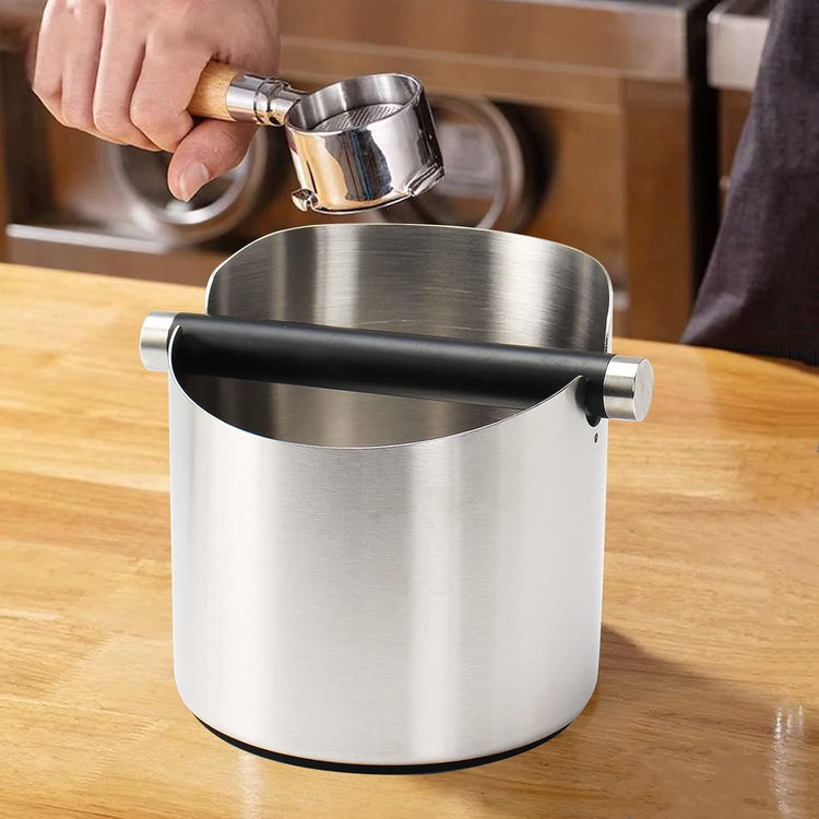 DIBTSA Coffee Knock Box, Espresso Knock Box Stainless Steel Espresso Machine Accessories with Removable Knock Bar and Non-Slip Base Coffee Grounds Container Bin, Large (Silver)