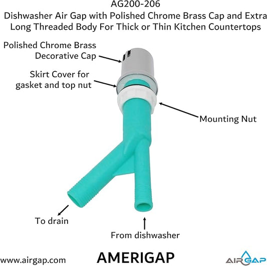 Dishwasher Air Gap with Skirted Polished Chrome Brass Cap and Extra Long Threaded Body for Thick or Thin Kitchen Countertops (AG200-206, AG200-X06, AMERIGAP)