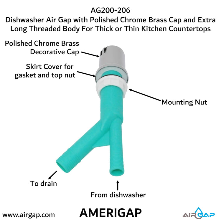 Dishwasher Air Gap with Skirted Polished Chrome Brass Cap and Extra Long Threaded Body for Thick or Thin Kitchen Countertops