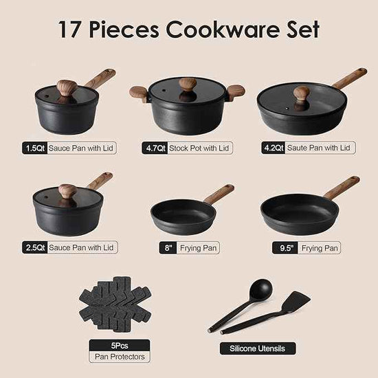 SENSARTE Nonstick Pots and Pans Set 17pcs, Healthy Induction Cookware Set, Kitchen Cooking Set with Skillets & Saucepans, Stay-cool Handles, Dishwasher Safe, PFOA PFOS Free, Matte Black