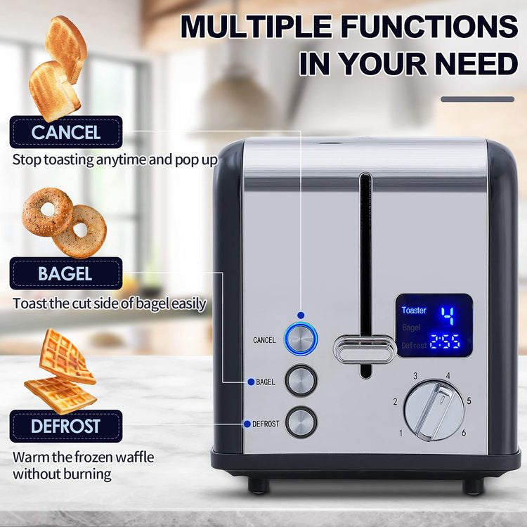 2 Slice Stainless Steel Toaster with Digital LED Display