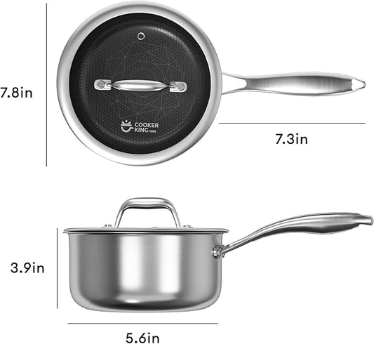 COOKER KING 2 Quart Stainless Steel Saucepan, Nonstick Sauce Pan, Ceramic Suce Pot with Tempered Glass Lid, Induction Pot Compatible with All Cooktops, Dishwasher & Oven Safe(PFAS/PFOA/PTFE Free)