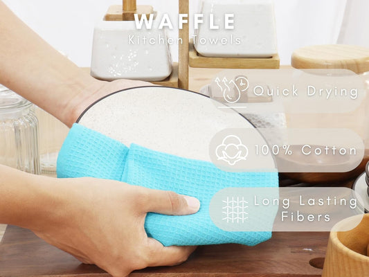 PurpleEssences Waffle Weave Kitchen Towel, 100% Cotton - 15 x 25 Inches, with Hanging Loop Ultra Soft Absorbent Quick Drying Dish Cloth, Tea and Hand Towels, 4 Pack - Spring Summer - Aqua Blue - Nestoria