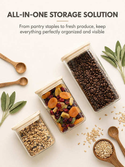 8 Pack Square Glass Pantry Storage Containers Set with Glass Lids (8 Count)
