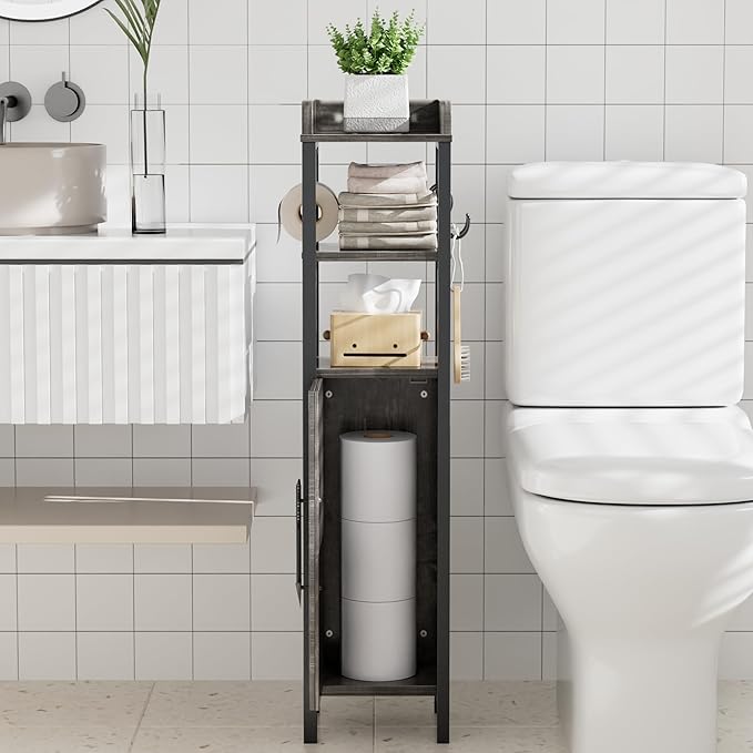 VECELO Small Bathroom Cabinet, Slim Toilet Paper Holder with Magnetic Door&2 Shelves, Narrow Storage Organizer for Bathroom Restroom Tiny Space, Fenced Top Waterproof Board, Coal Grey