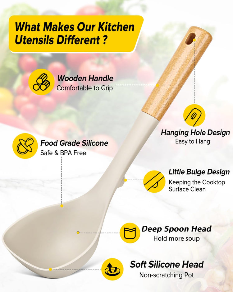 Silicone Soup Ladle and Spaghetti Spoon Set with Wooden Handle (2 Count)