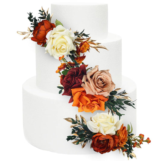 3Pcs Pre made Cake Topper Cake Decorating Flowers for Cake Decor Boho Burnt Orange Fall Cake Flowers for Wedding Baptism Birthday Party Bridal Baby Shower (3 Count)