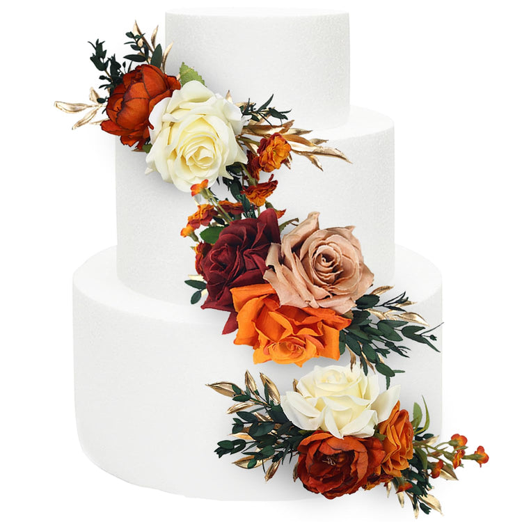 3Pcs Pre made Cake Topper Cake Decorating Flowers for Cake Decor Boho Burnt Orange Fall Cake Flowers for Wedding Baptism Birthday Party Bridal Baby Shower (3 Count)