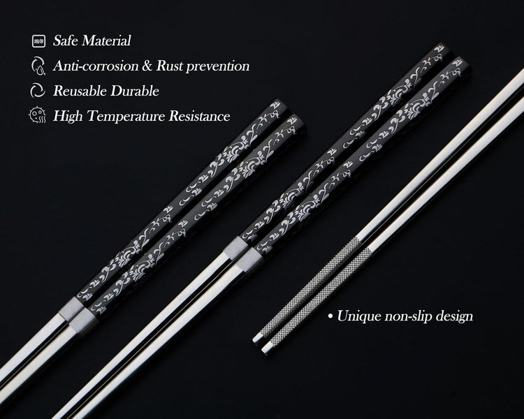 Metal Chopsticks With Case Stainless Steel Chopsticks Titanium Plated Reusable Chopstick lightweight Engraved Non-slip 18/10 Korean Japanese Chinese Chopsticks,Dishwasher Safe 2 Pairs Set(BJ-Black02)