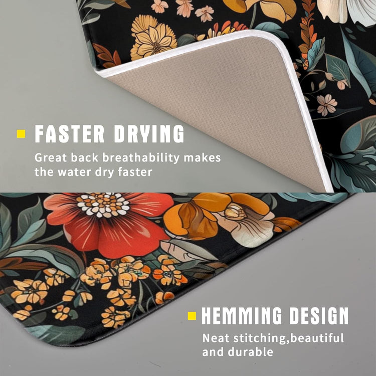 Vintage Floral Dish Drying Mat 16x18 inch Boho Flower Drainer Mats Fast Dry Absorbent Washable Dish Rack Pad Protector Kitchen Accessories