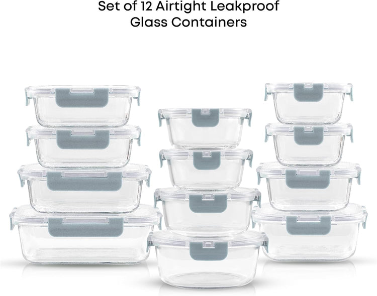 JoyJolt 24pc Borosilicate Glass Storage Containers with Lids | 12 Airtight/Freezer Safe Food Storage Containers for Pantry and Kitchen | Meal Prep Container for Lunch | Glass Tupperware Set