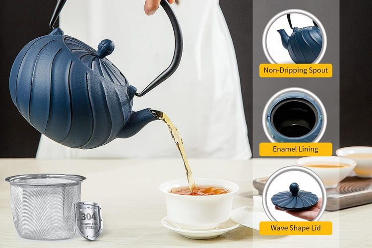 TOPTIER Japanese Cast Iron Teapot with Infuser, Stovetop Safe Teakettle, Wave Design, Enameled Interior, 30 oz (900 ml), Green