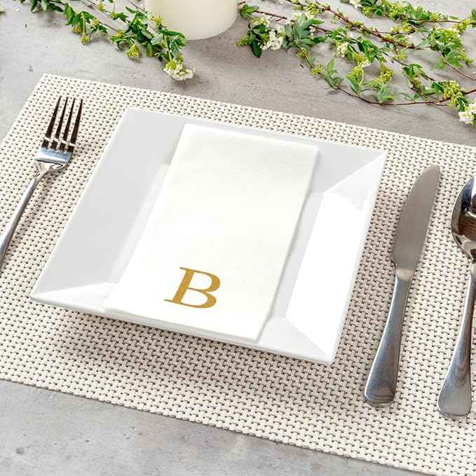 Luxenap 15.8 X 7.9 Inch Linen-Feel Guest Towels, 2000 Lettered Hand Towels - Gold Letter 'B', Sans Serif Font, White Paper Dinner Napkins, airlaid, For Restrooms And Tables - Restaurantware