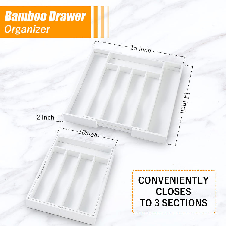 White Silverware Organizer Kitchen Drawer Organizer Expandable Bamboo Utensil Holder Cutlery Tray for Kitchen Utensil and Flatware Bedroom Office