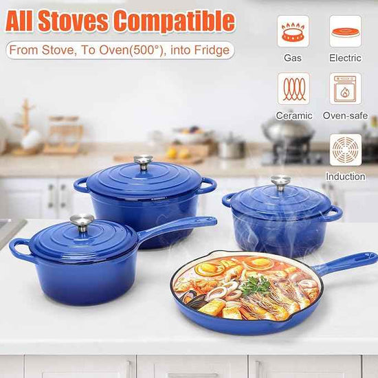 Enameled Cast Iron Cookware Set, 7-Pcs Pots and Pans with Lid, Skillet, Frying Pan, Saucepan & Dutch Oven for All Stovetops, PFA Free - Ideal for Sourdough Bread Baking, Cobalt Blue
