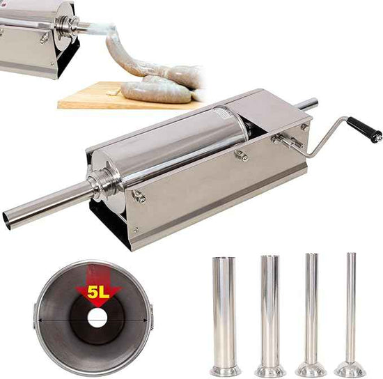 5L Manual Sausage Stuffer - Horizontal Stainless Steel Sausage Maker with 4 Nozzles & Gear Drive for Food Artisans & Small Business - Large Capacity Sausage Filler for Home Kitchen & Comme