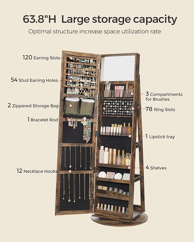 SONGMICS 360° Swivel Jewelry Cabinet, Lockable Jewelry Organizer with Full-Length Mirror, Rear Storage Shelves, Interior Mirror, Jewelry Armoire, Gift Idea, Rustic Brown UJJC006X01