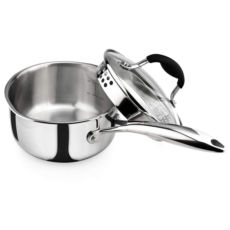 Tri Ply Stainless Steel Saucepan with Glass Strainer Lid
