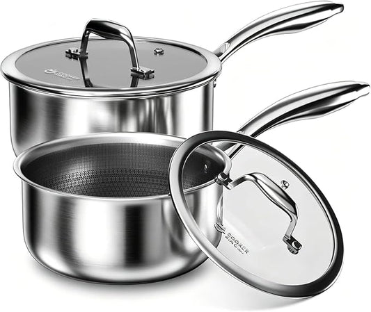 COOKER KING Sauce Pan Set, 1.5 QT & 2 QT Saucepan with Lid, Hybrid Ceramic Nonstick Saucepan, non stick Sauce pot, Stainless steel Cookware, Induction Compatible (PFAS/PFOA/PTFE Free)