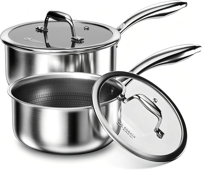 COOKER KING Sauce Pan Set, 1.5 QT & 2 QT Saucepan with Lid, Hybrid Ceramic Nonstick Saucepan, non stick Sauce pot, Stainless steel Cookware, Induction Compatible (PFAS/PFOA/PTFE Free)