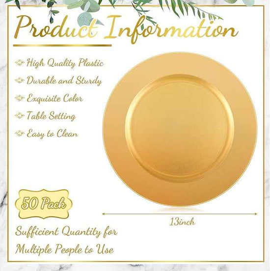 Tanlade 50 Pcs 13 Inch Charger Plates Bulk Round Wedding Chargers Plastic Dinner Plates for Table Setting Wedding Party Decoration (Gold)