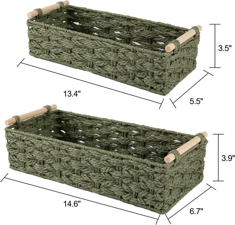 OIAHOMY Toilet Paper Baskets Handmade Paper Rope Decorative Wicker Storage Tank Shelf Cabinet Organizer for Bathroom Home, Set of 2, Green