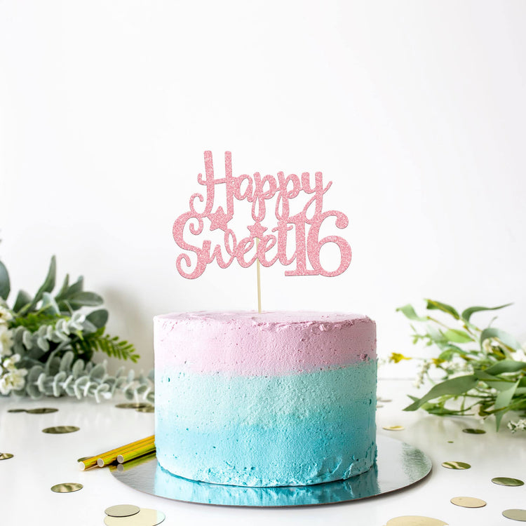 1Pc Pink Glitter Happy Sweet 16 Cake Topper 16th Birthday Cake Topper Sweet 16 Decorations 16th Birthday Decorations