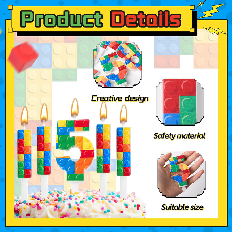 7 Pcs Building Block Themed Birthday Candles Set Building Blocks Number 5 Candle Cake Topper for Building Block Party Decoration Supplies (7 Count)