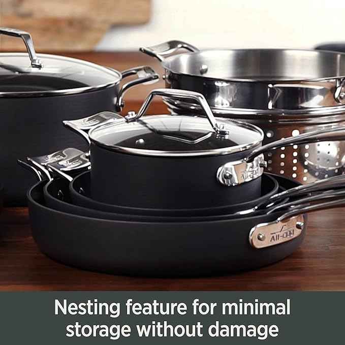 All-Clad Essentials Hard Anodized Nonstick Sauce Pan Set 4 Piece, 8, 10.25 Inch, 4 Quart Oven Broiler Safe 500F Pots and Pans, Cookware Black