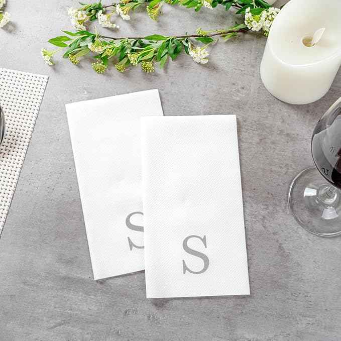 Luxenap 15.8 X 7.9 Inch Linen-Feel Guest Towels, 2000 Lettered Hand Towels - Silver Letter 'S', Sans Serif Font, White Paper Dinner Napkins, airlaid, For Restrooms And Tables - Restaurantware