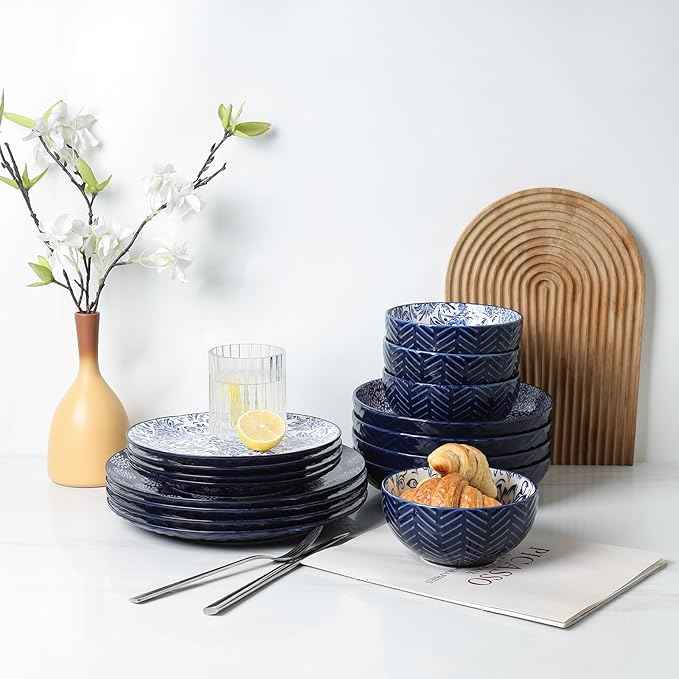Selamica Dinnerware Sets 16 Piece, Ceramic Plates and Bowls Set, Embossed Dishes Set for 4, Housewarming, Dark Blue