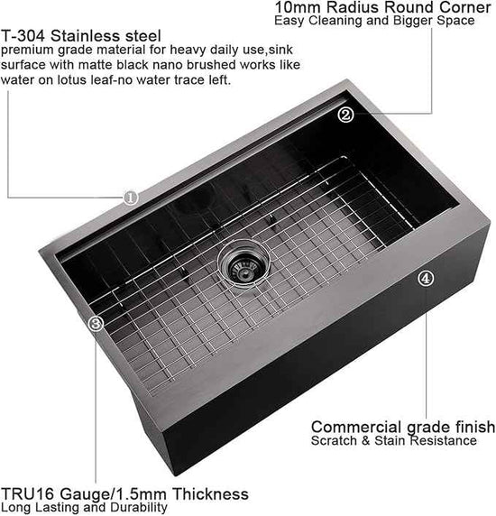 33 Inch Black Farmhouse Kitchen Sink Workstation - VOKIM 33x22 inch Flat Apron Front Farmhouse sink 16 Gauge Stainless Steel Single Bowl Farm Kitchen Sink