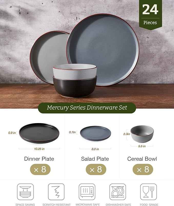 Famiware Mercury 24 Pieces Dinnerware Sets, Plates and Bowls Sets for 8, Microwave and Dishwasher Safe Dish Set, Multi-color