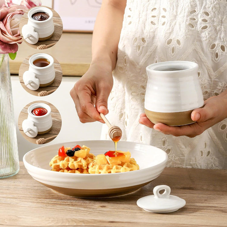 Ceramic 12 Ounce Honey Jar and Dipper Set,Porcelain Honey Pot with Lid and Wooden Dipper,Cute Honey Containers for Party,Holiday,Halloween Favors,Farmhouse Kitchen Decor,Dishwasher Safe,White