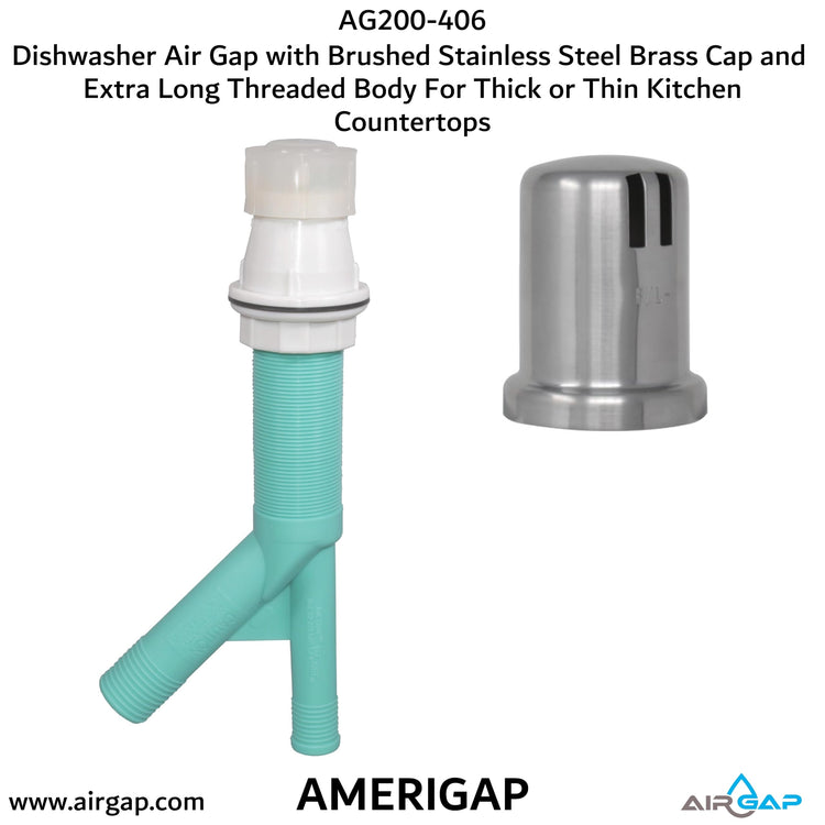 Dishwasher Air Gap with Skirted Brushed Stainless Steel Brass Cap and Extra Long Threaded Body for Thick or Thin Kitchen Countertops