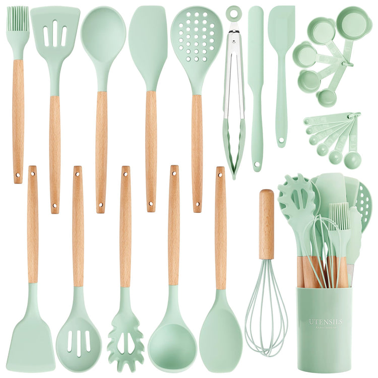 26 Piece Food Grade Silicone Kitchen Utensils Set with Wooden Handles (26 Count)