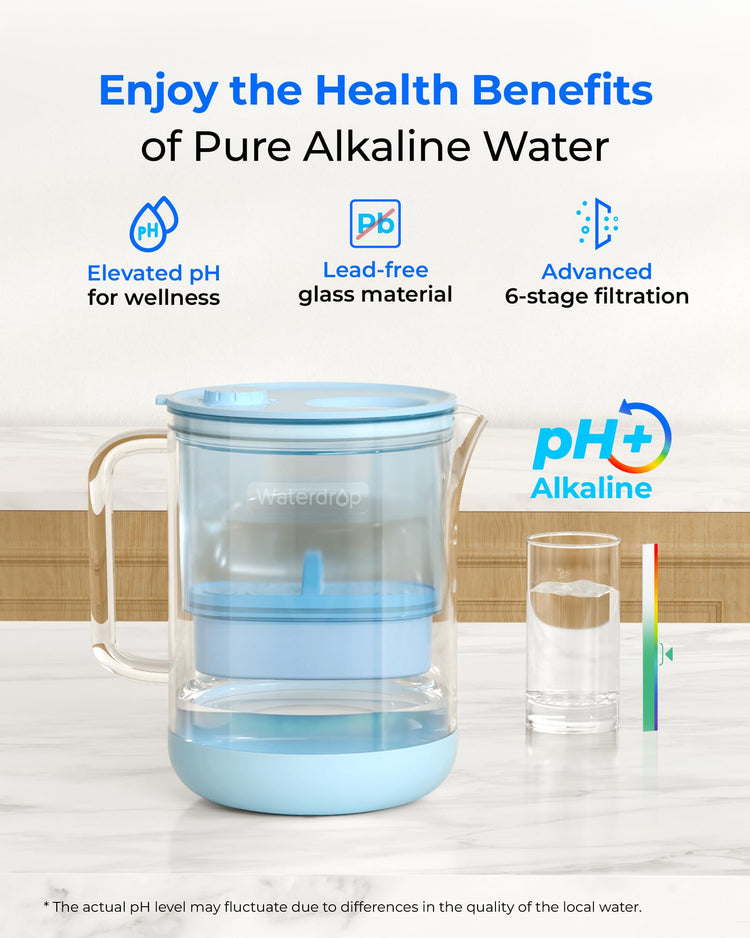 PT-72B-A Glass Alkaline Water Filter Pitcher, 7-Cup, Blue