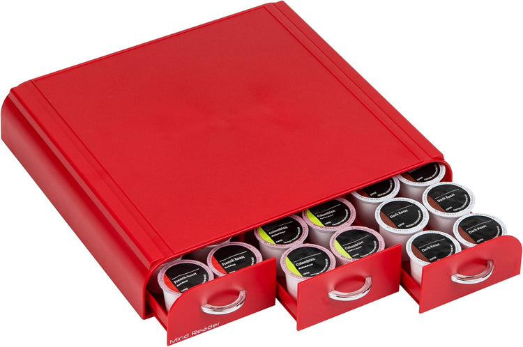 Mind Reader Single Serve Coffee Pod Organizer with 3 Drawers, 36 Pod Capacity, Countertop, 13.5"L x 12.25"W x 2.5"H, Red