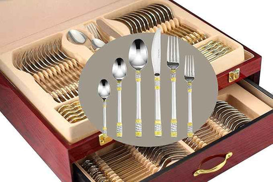 Venezia Collection Gold Flatware Serving Set for 12, 75-Pc Luxury Dining Silverware Cutlery Service, 24 Kt 18/10 Premium Surgical Stainless Steel Hostess Set in a Wooden Storage Case Chest