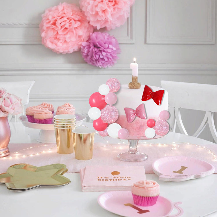 42 pcs Foam Ball Cake Toppers with Sticks Includes 2 Bow Cake Decor Perfect for Birthday Party Pink&White Theme Party Decor Wedding Anniversary Celebration (42 Count)