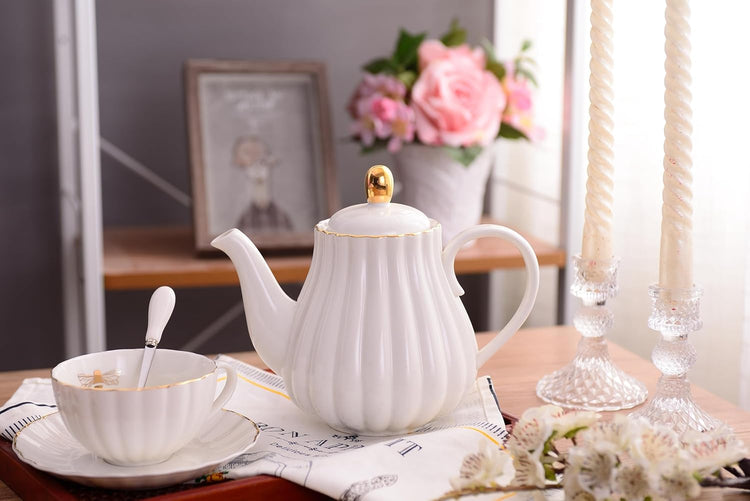 Jusalpha Fine China Pink Teapot and Creamer Sugar Bowl Set, TW (White)