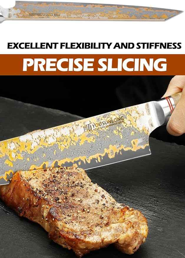 YOUSUNLONG Kiritsuke Chef Knife - 8 Inch Japanese Copper Damascus Steel Blade - Razor Sharp Kitchen Knives - Handmade Cooking Knife - Naturel Burl Wooden Handle with Leather