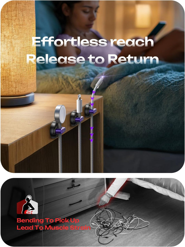 8-Pack Office Desk Accessories [1S Snap-On] Nightstand Organizer, LISEN Desk Organizers and Accessories with 4 Extra Strong Adhesive Pads, Wire Organizer for Nightstand, Home, Car, Desktop, Purple