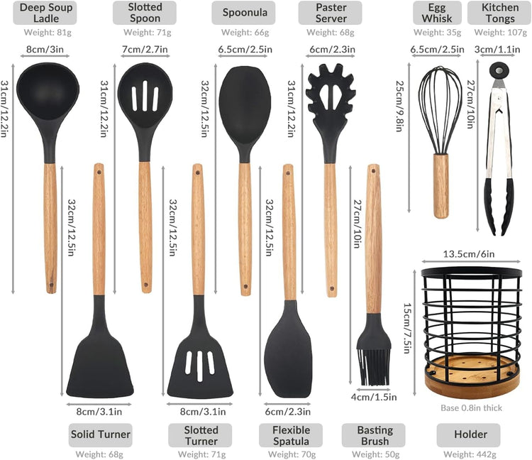 Daily Treasures 12PCS Kitchen Utensils Set,Cooking Utensils Set with Storage Holder,Kitchen Tools Made of Heat Resistant Food Grade Silicone and Wooden Handles for Nonstick Cookware